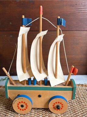 Vintage Wooden Wind Up Sailboat Musical Rolling Toy Germany Austria